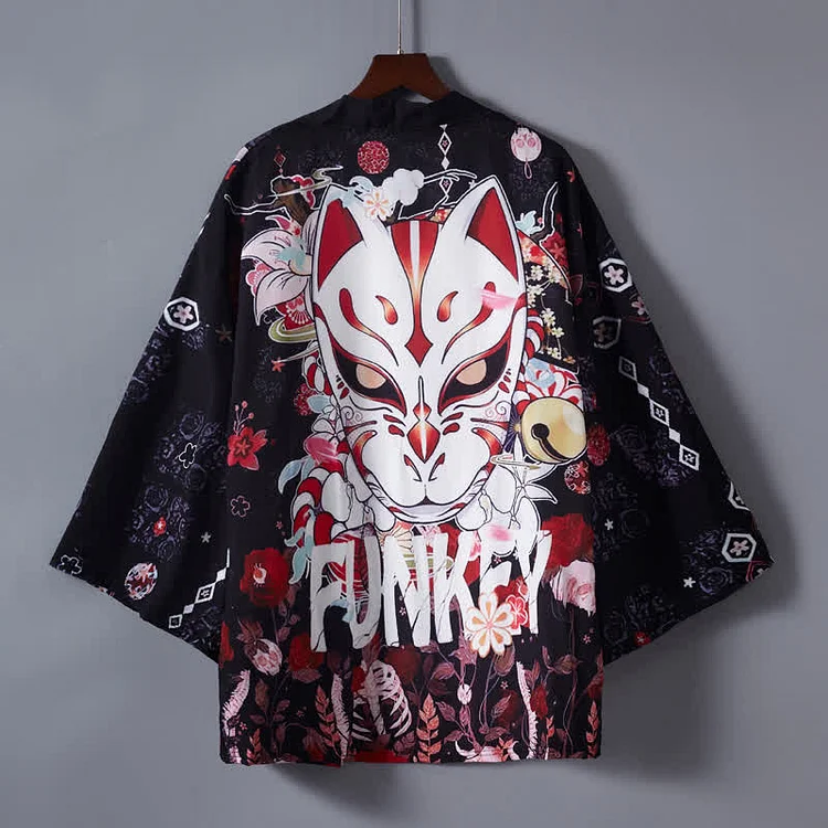 Vintage Fox Mask Print Cardigan Kimono Outerwear - Modakawa modakawa
