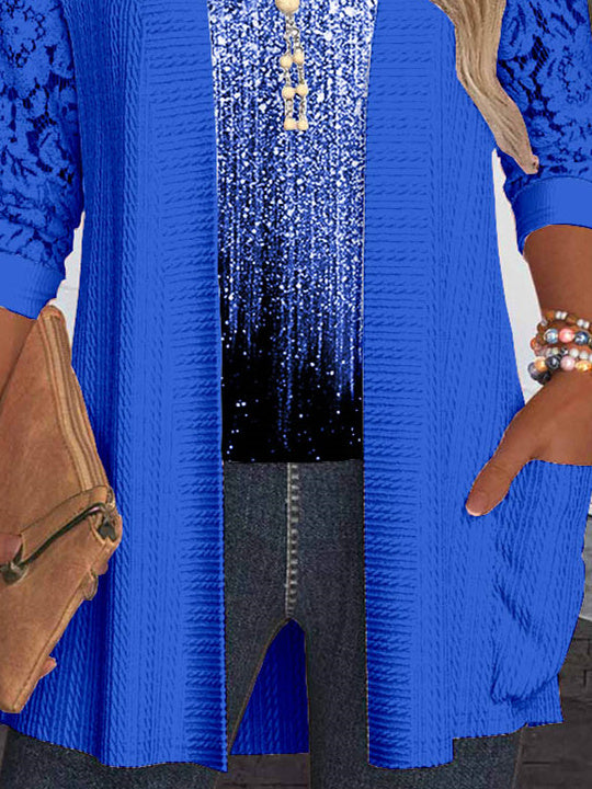 Women Long Sleeve Scoop Neck Polka Dot Printed Printed Graphic Pockets Lace Two-Pieced Tops