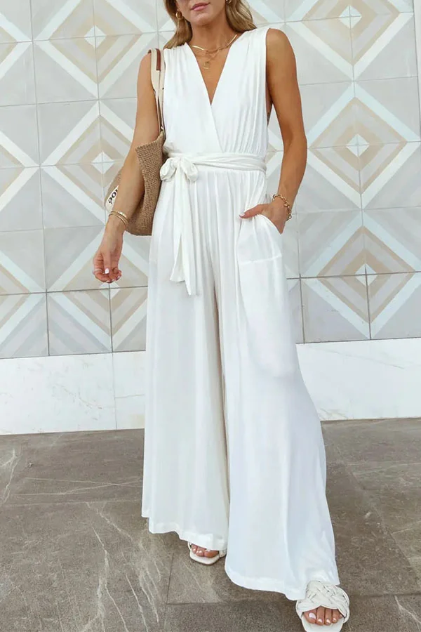Relaxed Loose Open Back Tie Pocket Jumpsuit