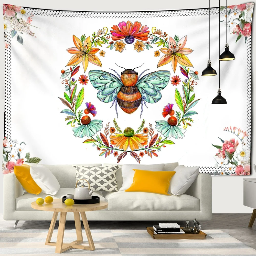 Plants Honeybee Tapestry Wall Hanging Bohemian Beach Mat Polyester Blanket Yoga Mat Home Bedroom Art Decor Custom Psychedelic