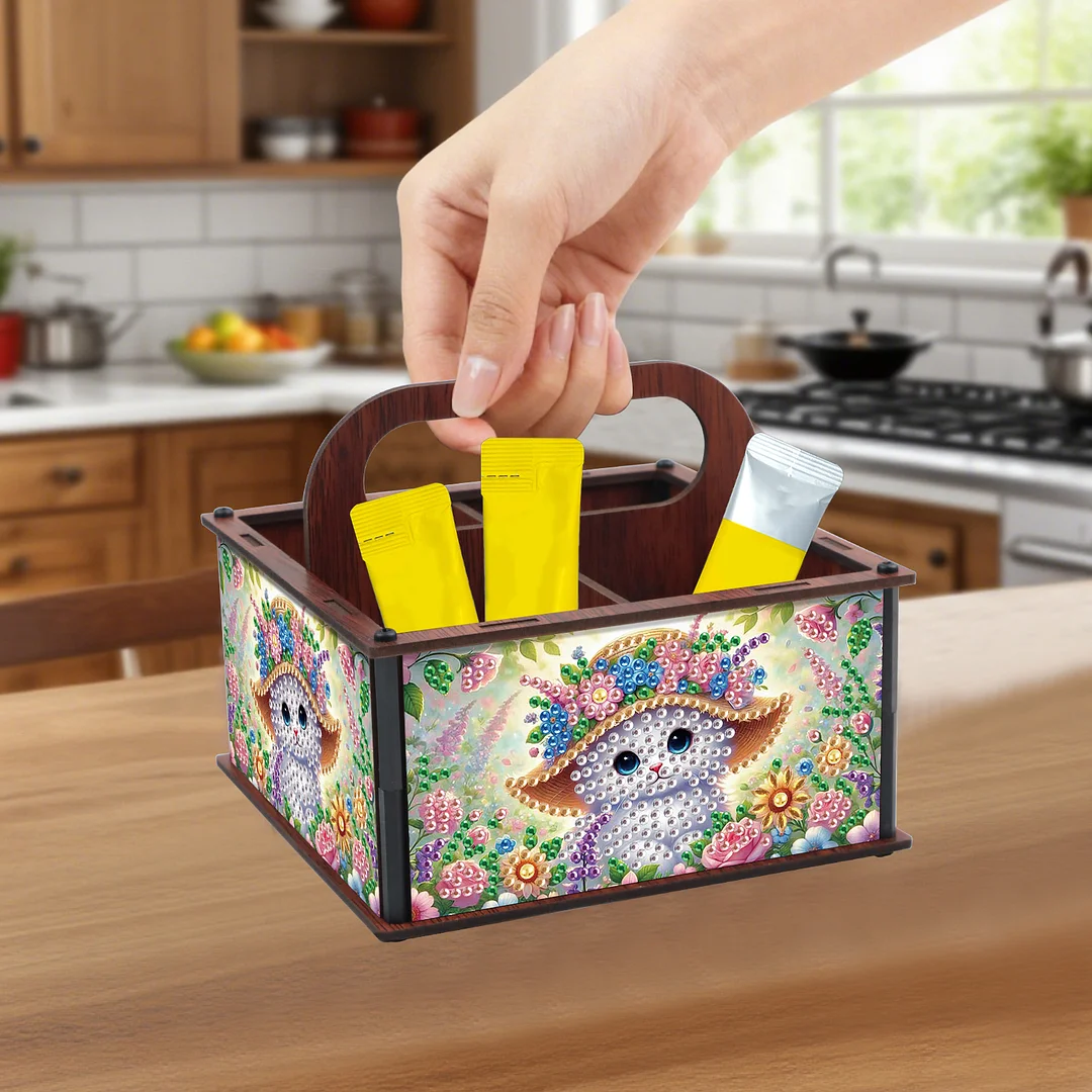DIY Cat Wooden Diamond Painting Handheld Storage Box Kit Tabletop Art Decor
