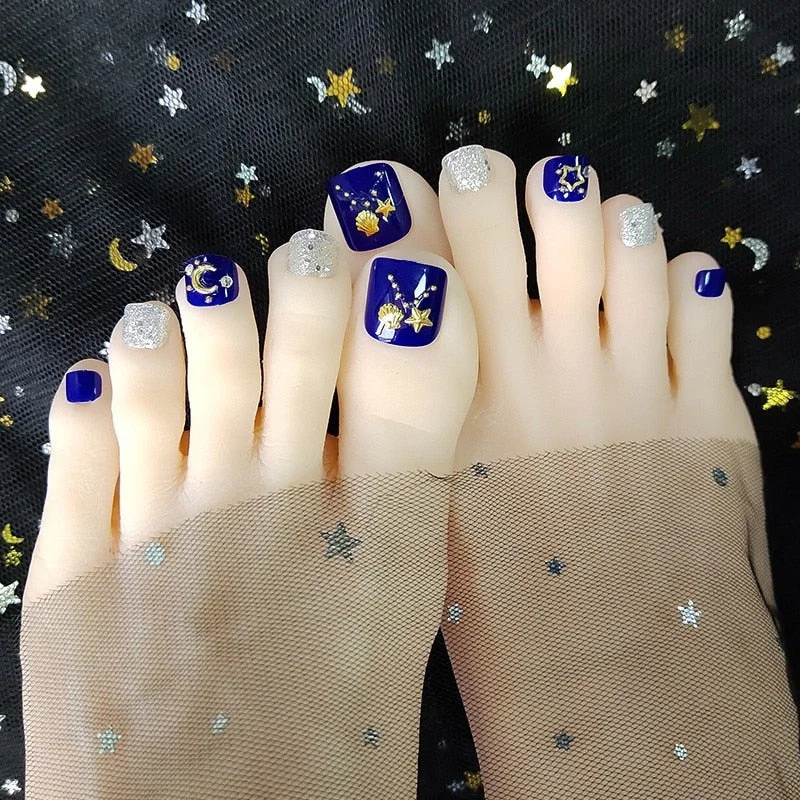 24pcs Purple False Toe Nails Summer Full Cover Wearing Toe Nail Art Pattern Removable Nail Stickers With Glue-Nail Inspo