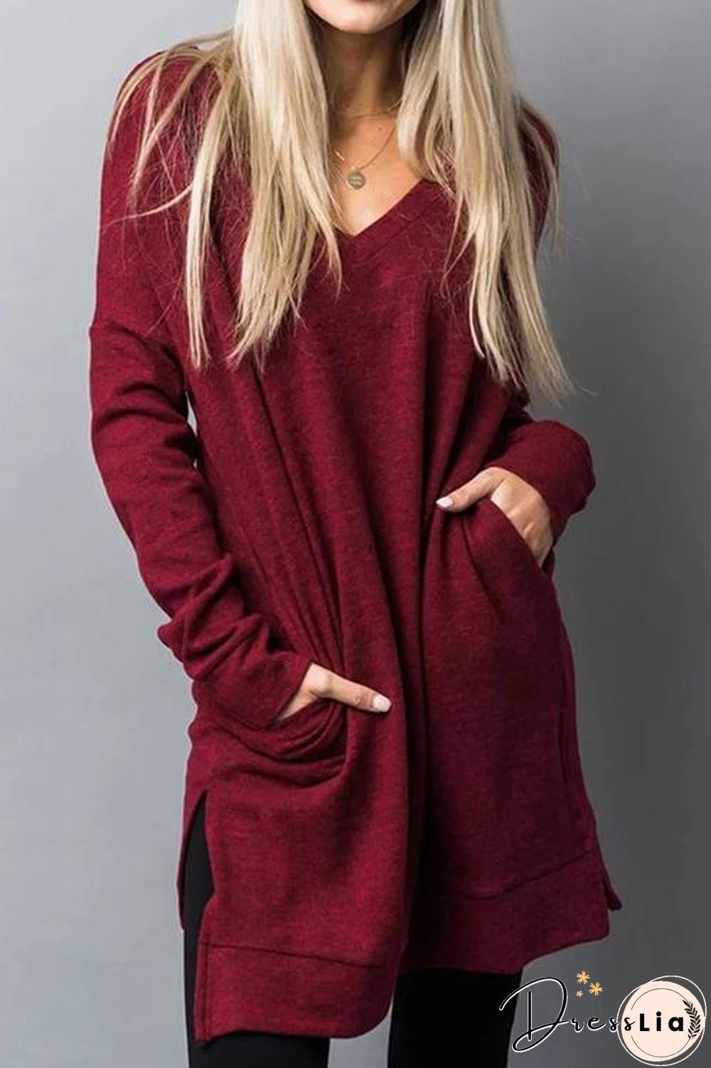 Pockets Slit V Neck Hoodie Dress