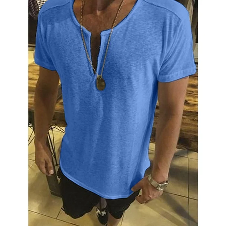 Casual V Neck Solid Short Sleeve  Men's T-Shirts at Hiphopee