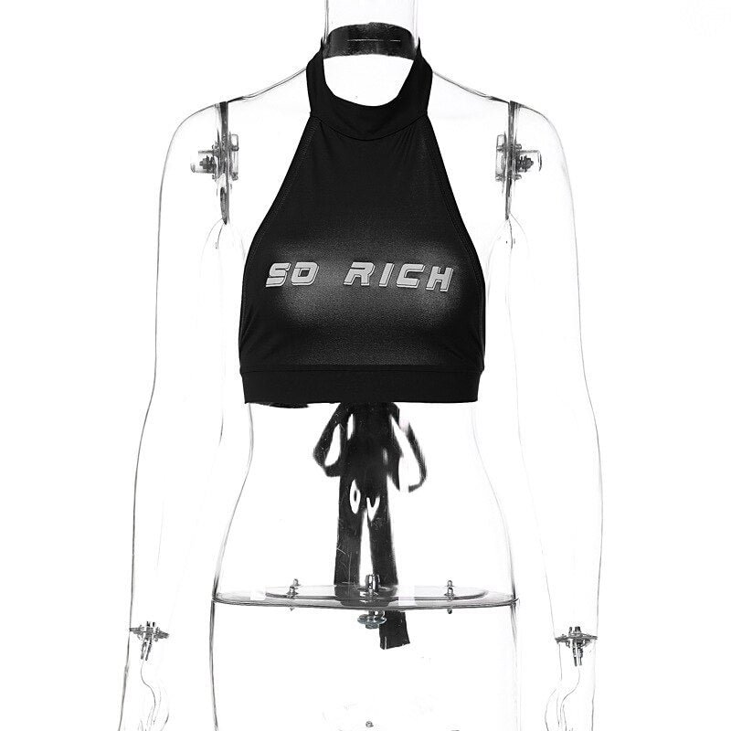 Weird Puss Letter Print Halter Tank Top Y2K Women Solid Bandage Backless Sexy Wild Camisole Trend Street Stretchy Skinny Vest