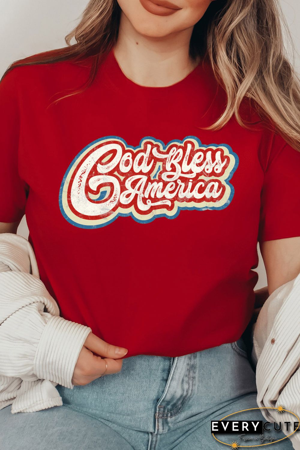 Red God Bless America Graphic Print Short Sleeve Top