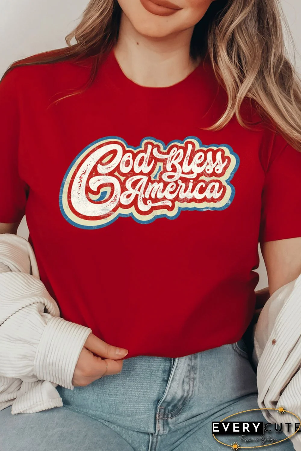 Red God Bless America Graphic Print Short Sleeve Top