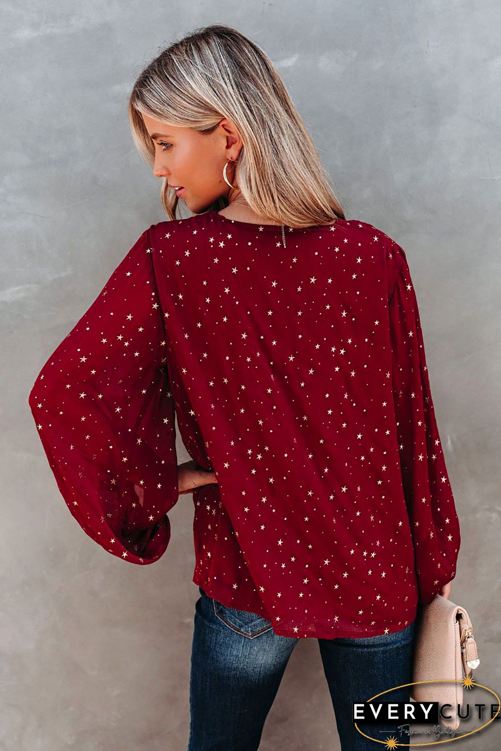 Red V Neck Star Print Billowy Sleeves Blouse