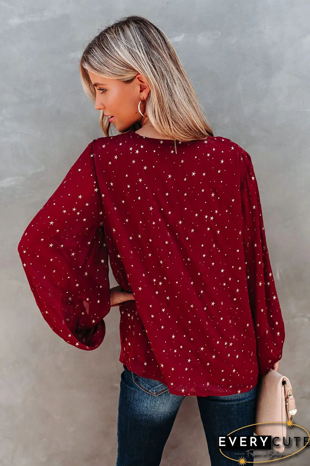 Red V Neck Star Print Billowy Sleeves Blouse