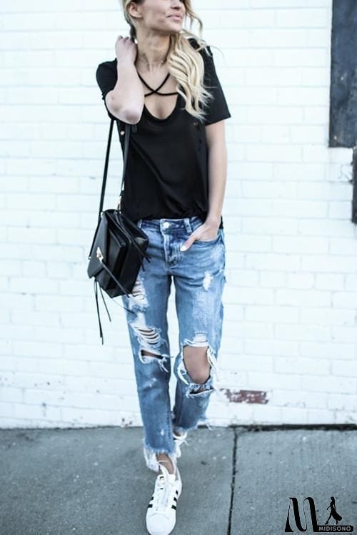 MidiSono - Cross Hollow Short sleeve T Shirt