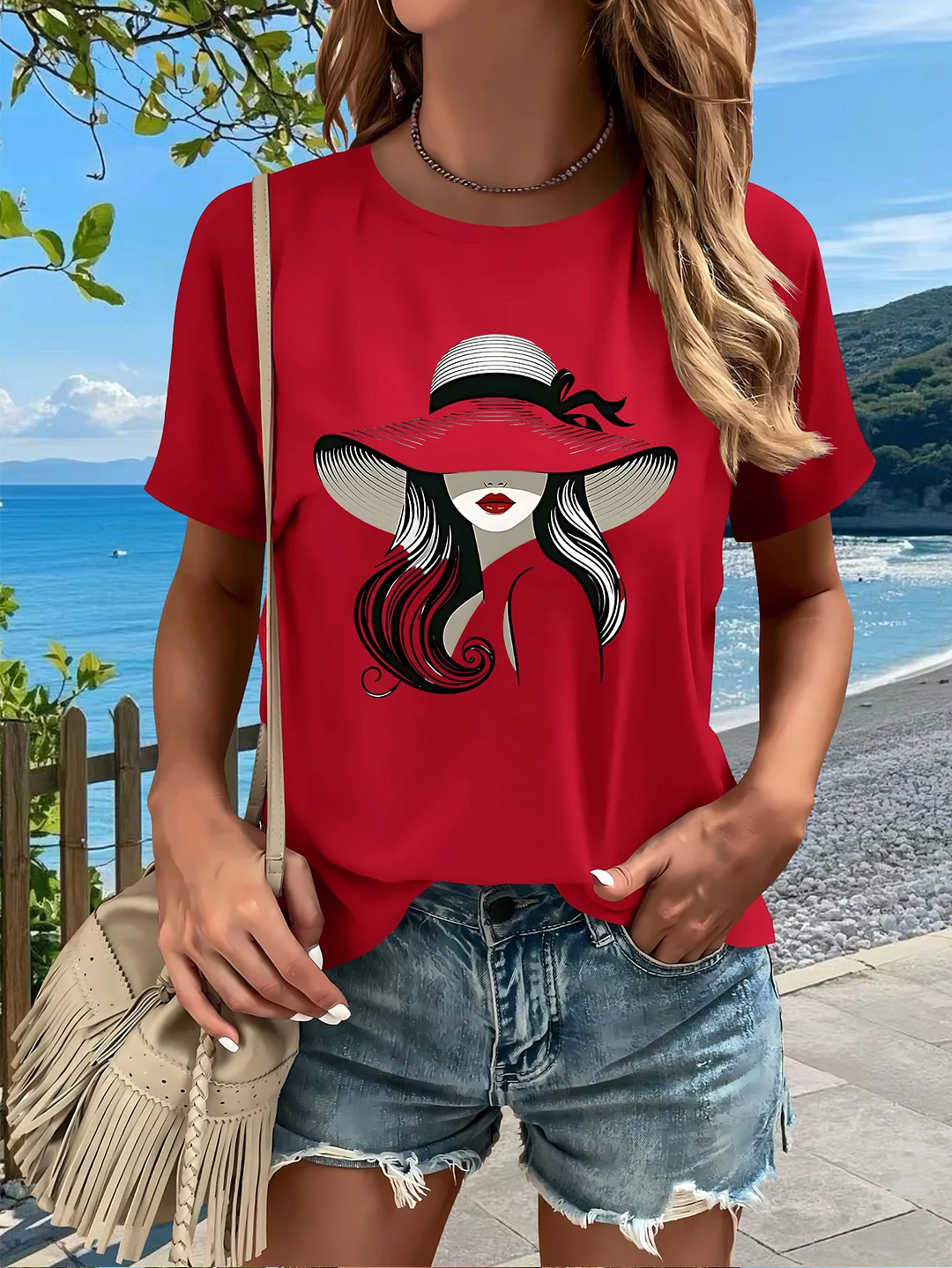 Hat Lady Gift 1pc New Women's Summer T-Shirt, Printed, Short Sleeved Top, White, Red, Black, Green, Pink, Gray, Apricot, For Home, Outdoor, Party, Sports, Work, Vacation | IFYHOME