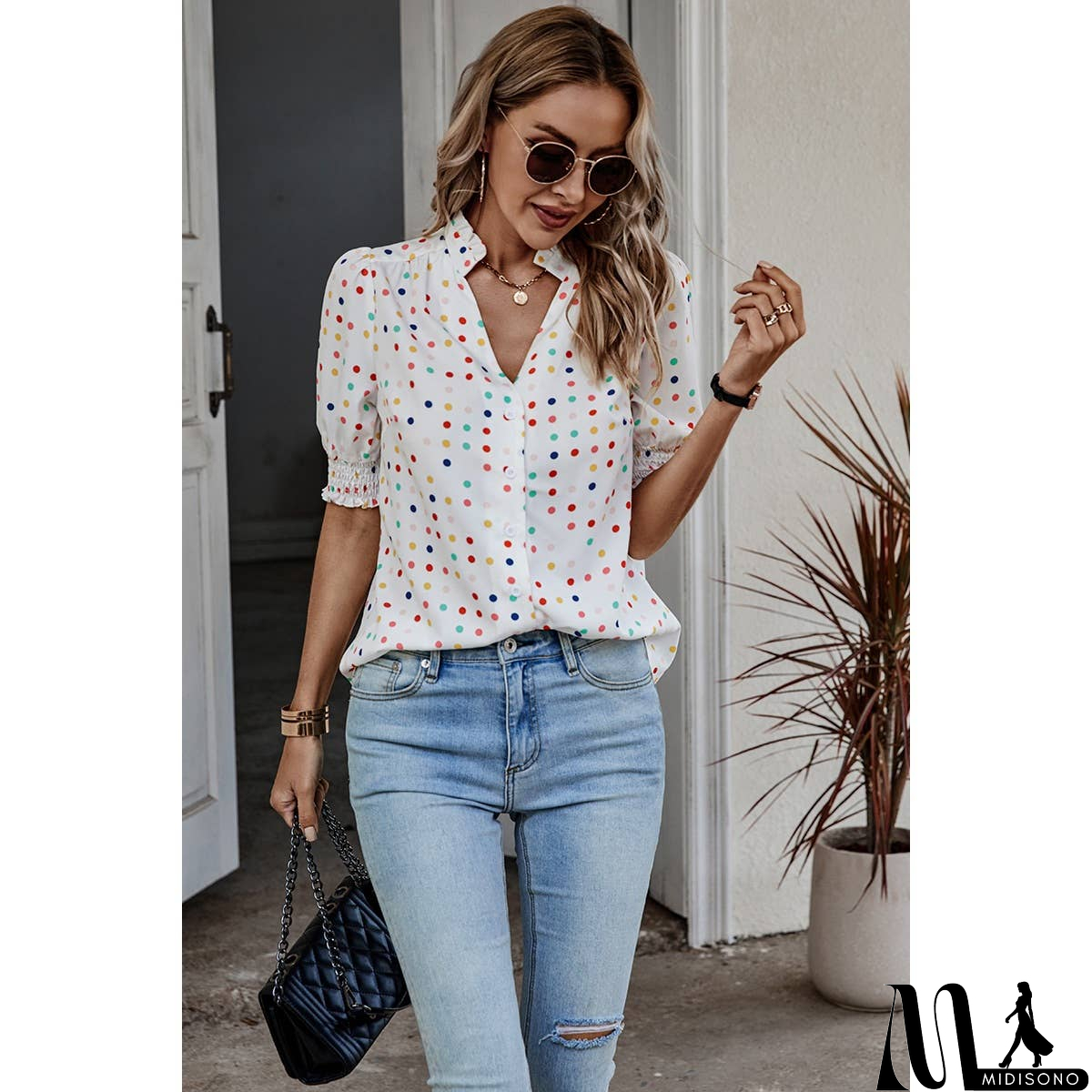 MidiSono - Polka Dot Print Puff Sleeve Button Shirt