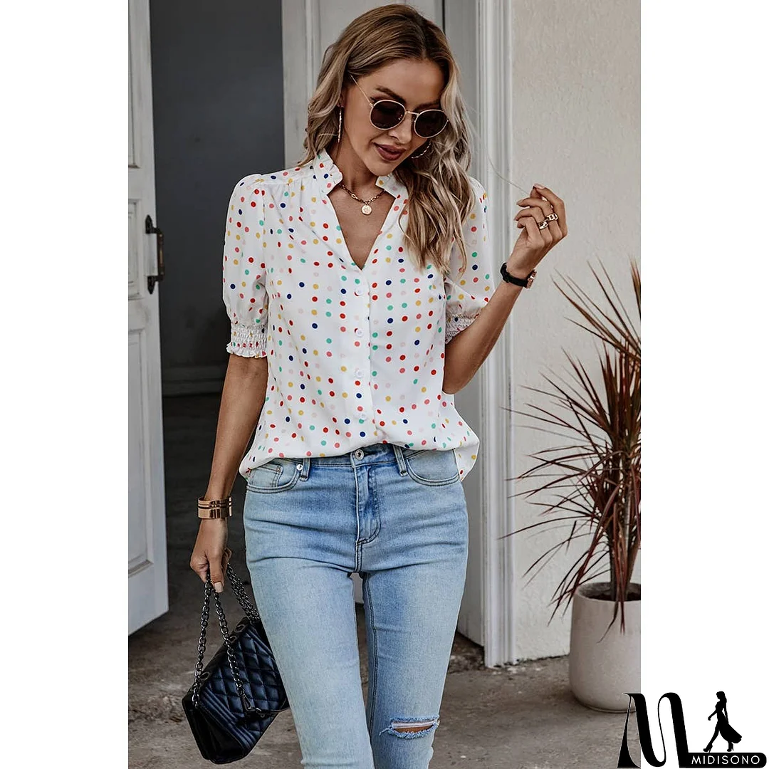MidiSono - Polka Dot Print Puff Sleeve Button Shirt
