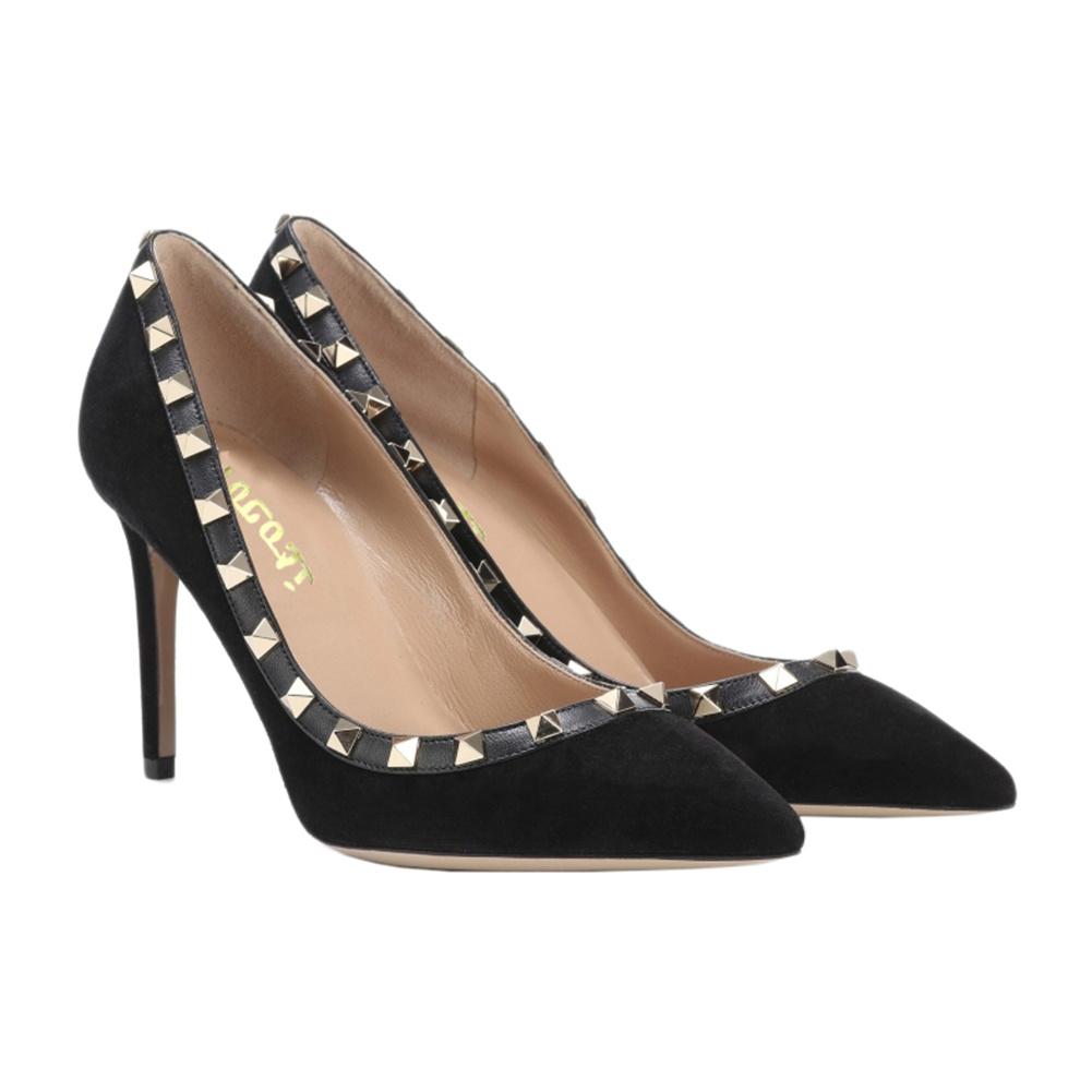 100mm Women's Sexy Pointy Toe Studs Stilettos High Heels Rivets Shoes Black Suede-vocosishoes