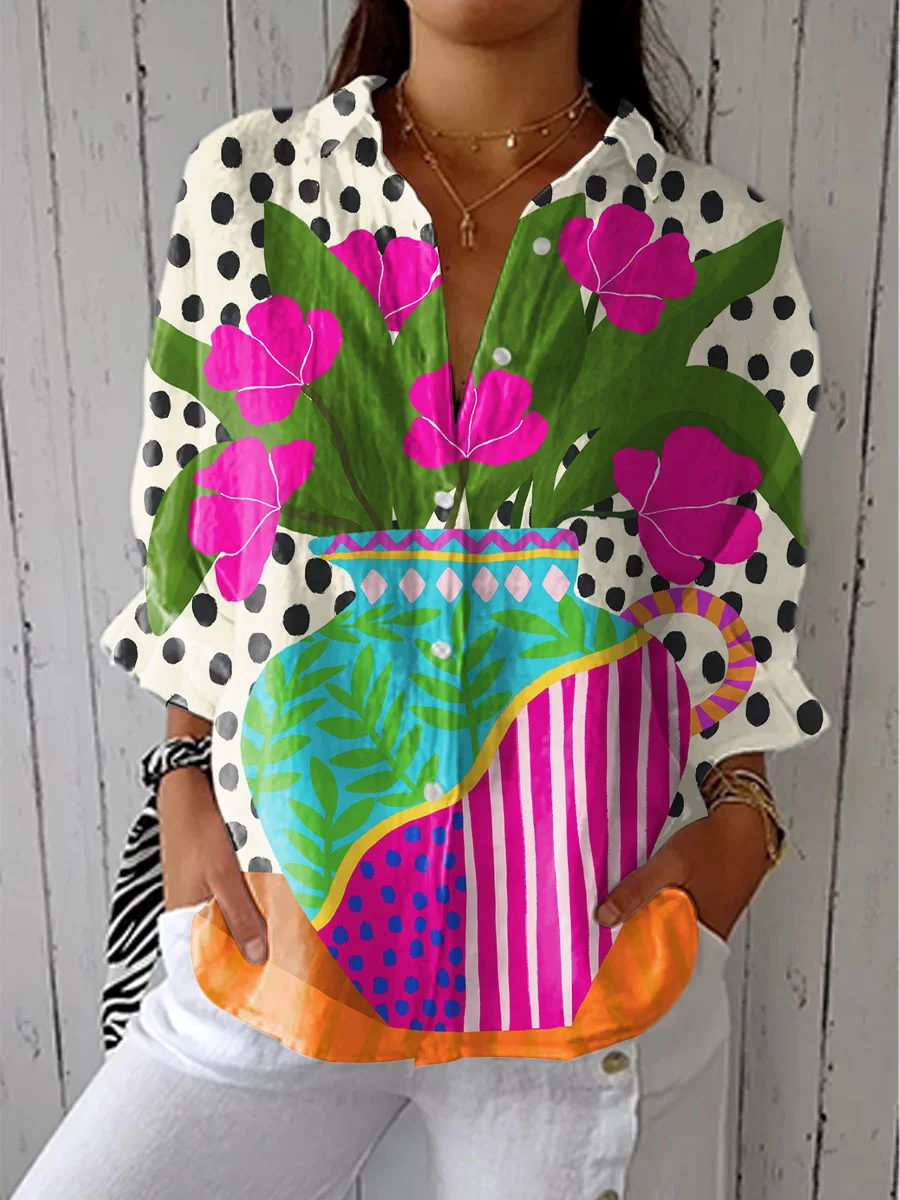 Women's Vintage Colorful Flower Pot Polka Dot Art Print Casual Linen V-neck Shirt