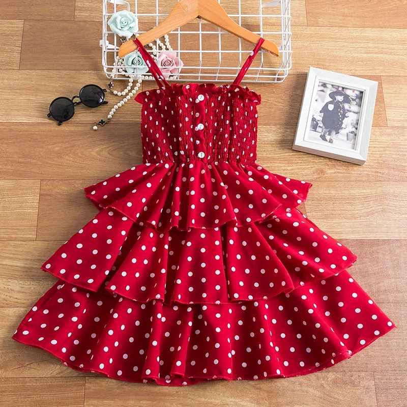 Summer Fancy Pretty Girl Colorful Dots Dress Birthday Party Princess Dress Lace Ball Gown Elegant Dress Casual Dress Size 3-8T