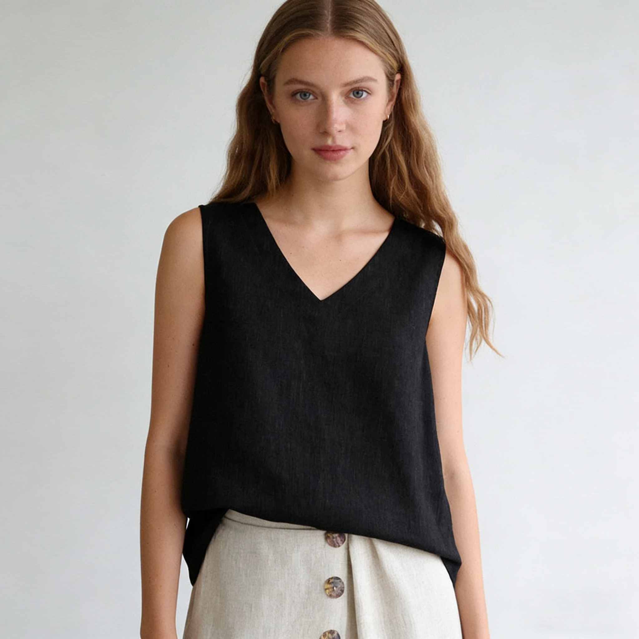Linen Tank Top Women 100% Linen V Neck Sleeveless Summer Top Breathable REAL SILK LIFE