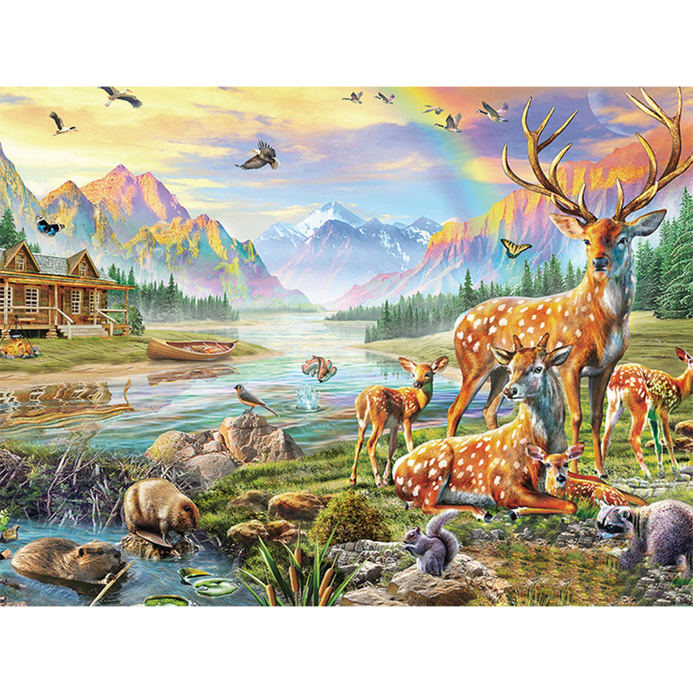 

50*40CM - Square Drill Diamond Painting - Deer Beside The River, 501 Original