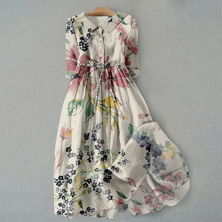 VChics Elegant Japanese Art Floral Print Lace-up Casual Midi Dress