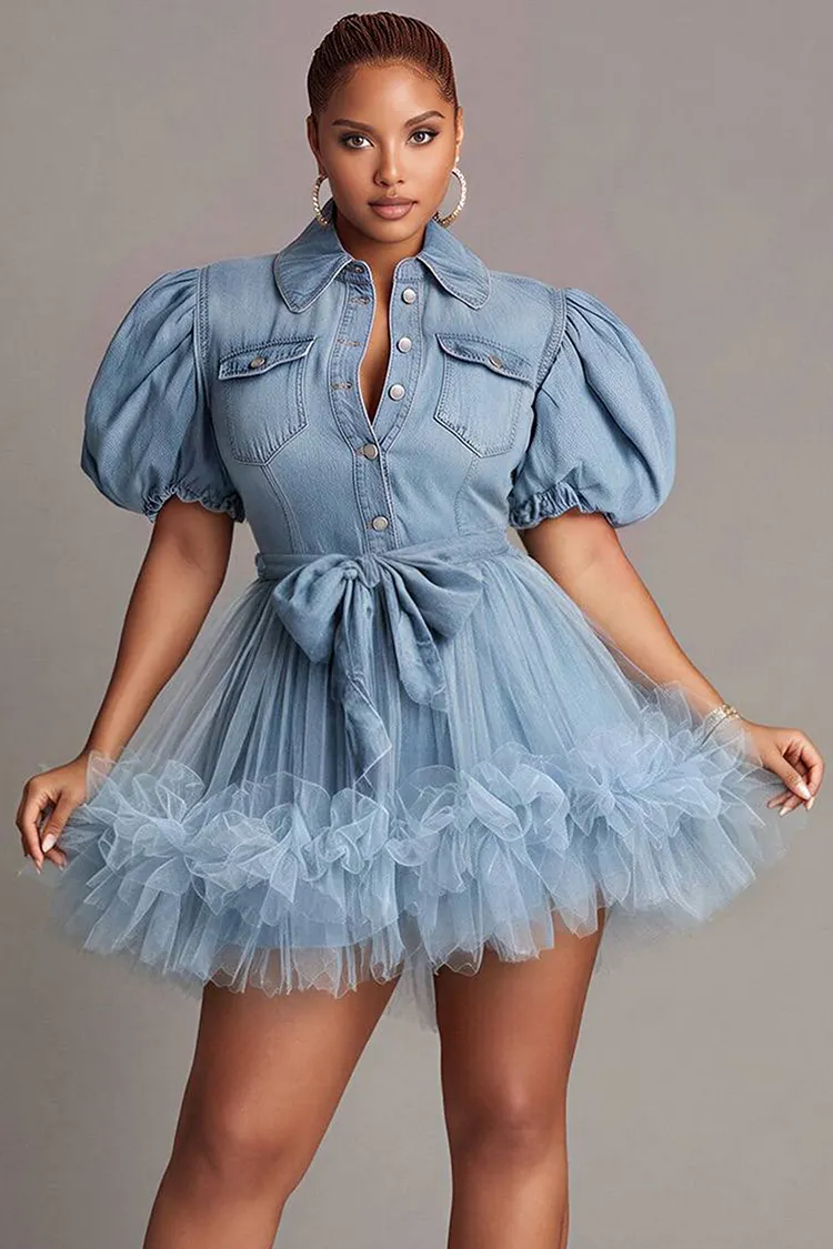 Xpluswear Design Plus Size Party Tulle Light Blue Shirt Collar Puff Sleeve Short Sleeve Contrast Wrap Tencel Denim Mini Dresses [Pre-Order] 2024 - Xpluswear