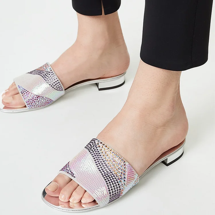 Silver Rhinestones Sequined Slide Sandals |FSJ Shoes