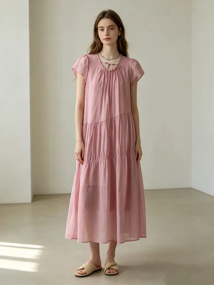 Pink French-sleeved tiered cake dress