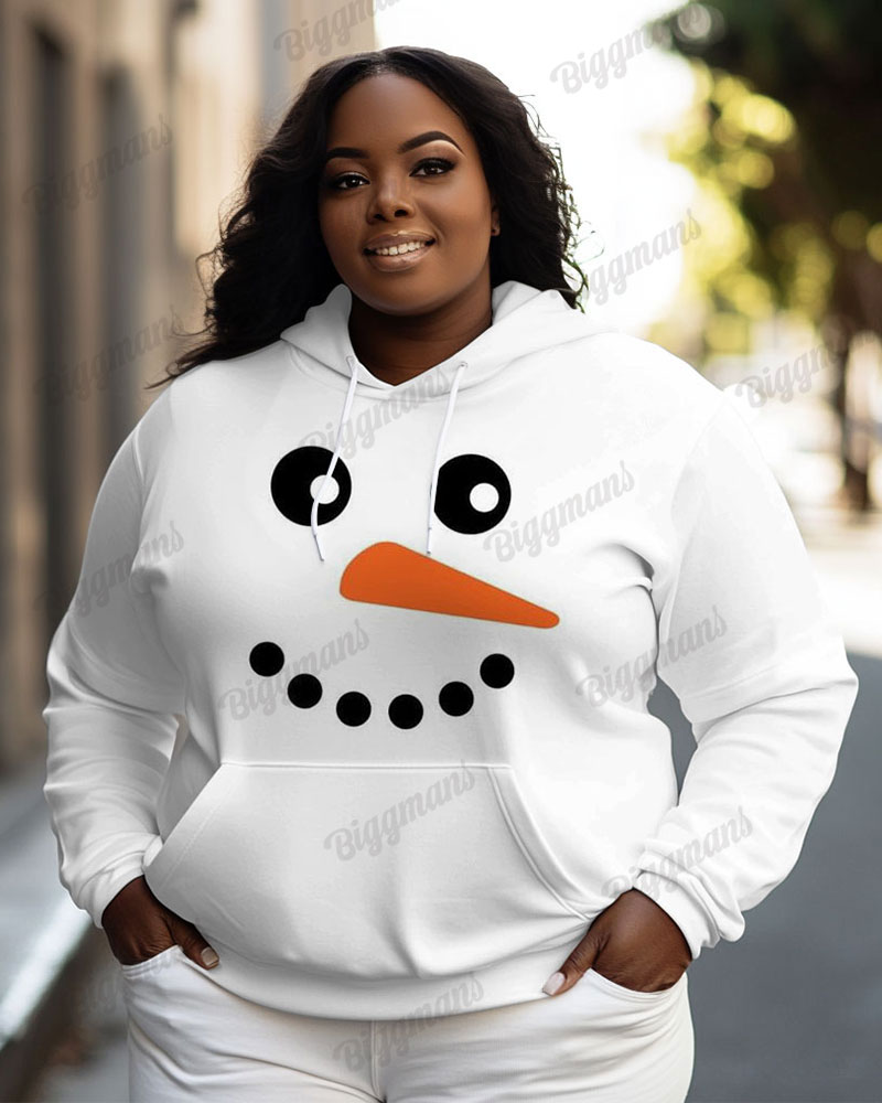 Women's Plus Fashion Snowman Face Print Long-sleeved Hoodie