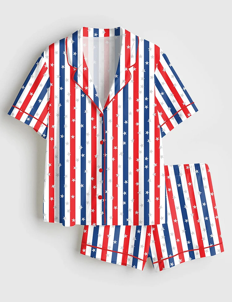 Women&rsquo;s America 4th Of July Red White And Blue Stripe Short Sleeve Satin Pajama Set