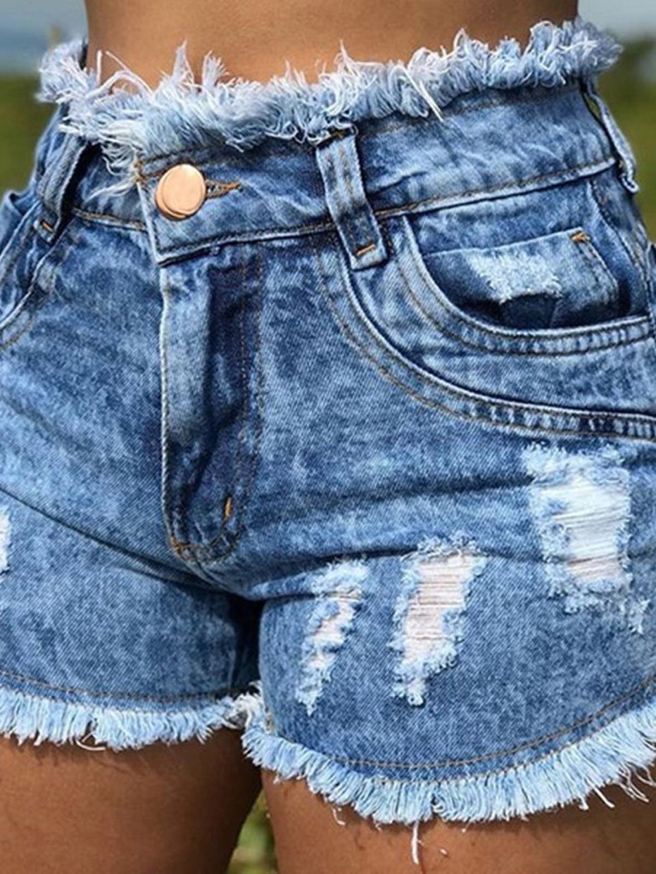 Casual Frayed Ripped Pocket Denim Shorts