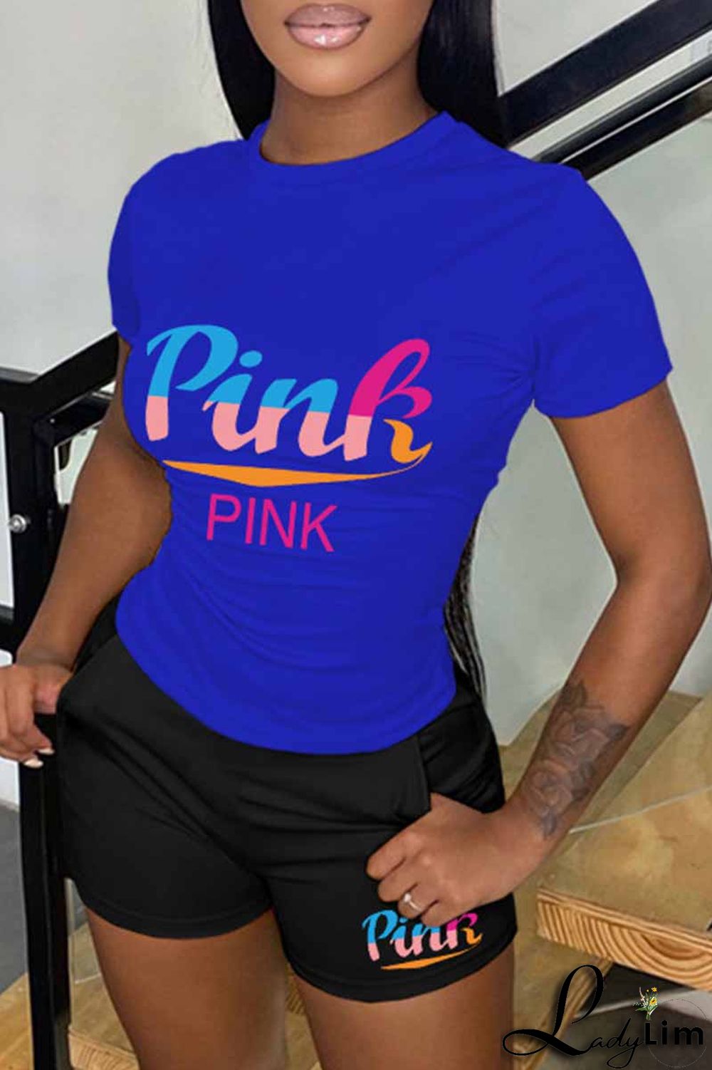 Pink Casual Print Letter O Neck Short Sleeve Two Pieces
