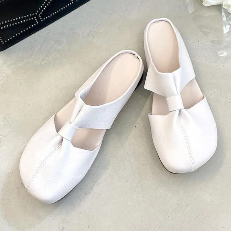 Women's Genuine Leather Pleated Flats Slides Round Toe Leisure Female Summer Mules Casual Ytmtloy House Slippers Zapato Mujer