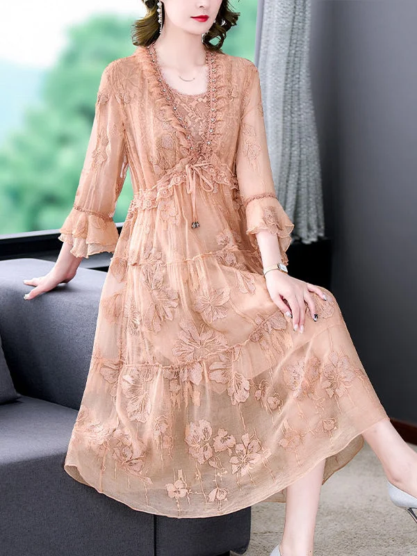 Loose Natural Silk Floral Embroidered Midi Dress