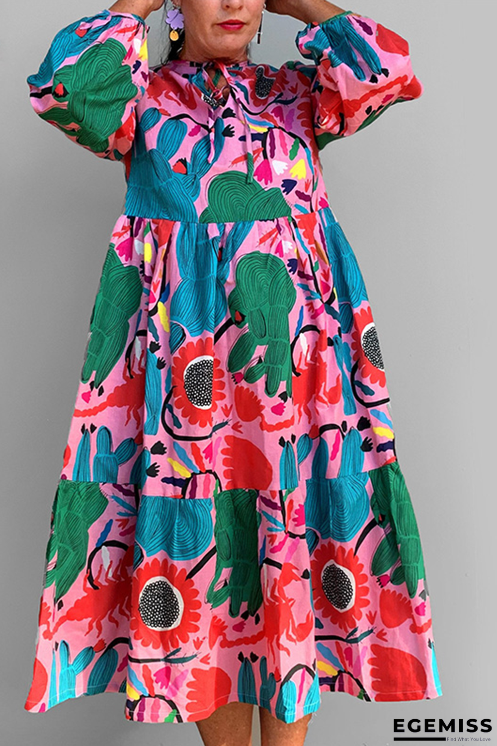 Rose Red Casual Print Draw String O Neck Cake Skirt Dresses | EGEMISS