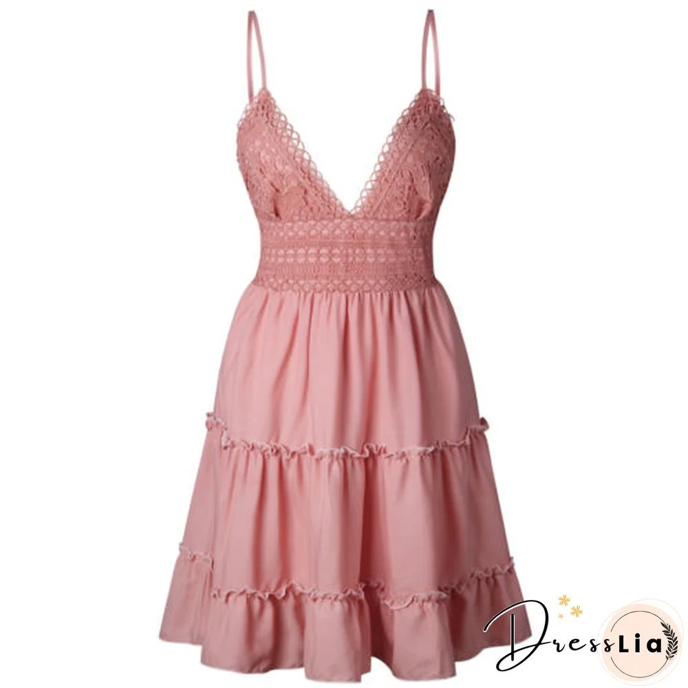 Boho Summer Sexy Women Dress Strappy Lace White Mini Dresses Female Ladies Beach V Neck Party Sundress Black Yellow Pink