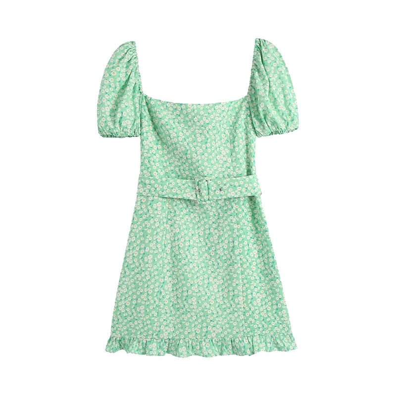 TRAF Women Chic Fashion With Belt Floral Print Ruffled Mini Dress VIntage Puff Sleeve Back Elastic Female Dresses Mujer