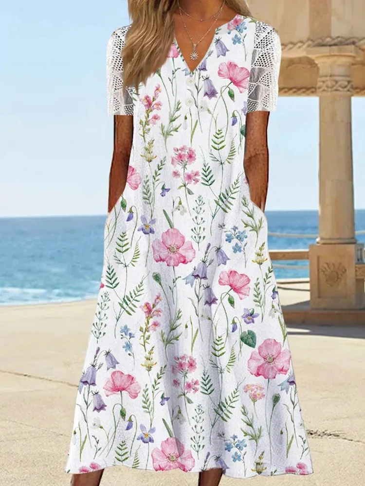 Elegant Flower Art Lace Patchwork Sleeve Midi Dress