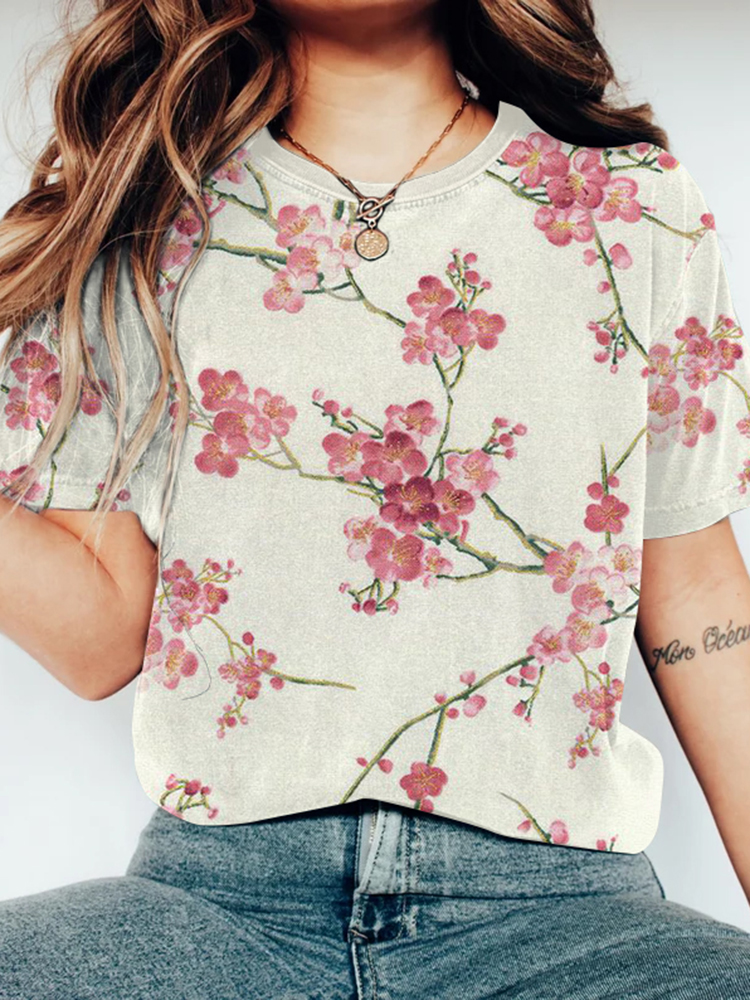 Comstylish Women Japanese Art Plum Blossom Printed Round Neck T-Shirt