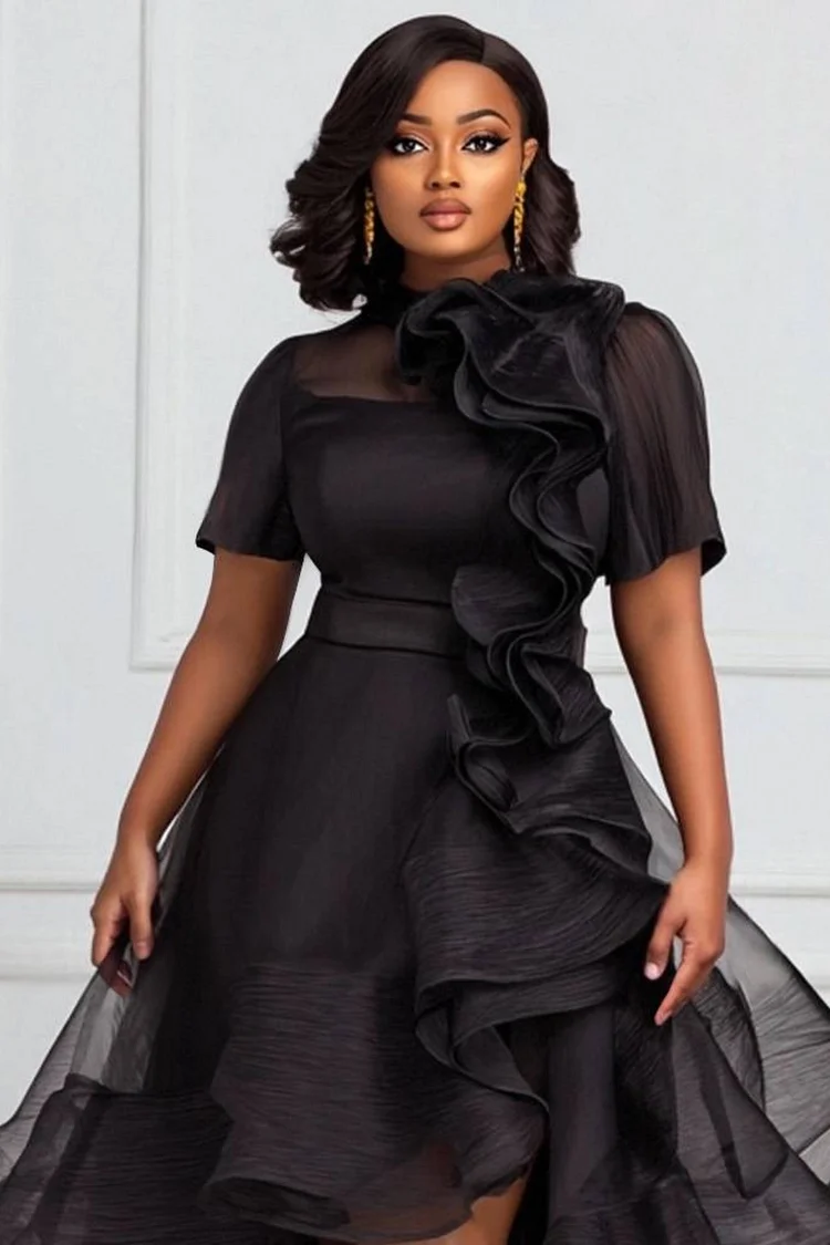 Xpluswear Design Plus Size Cocktail Party Black Round Neck Short Sleeve Ruffle Elegant 3D Organza Maxi Dresses [Pre-Order]