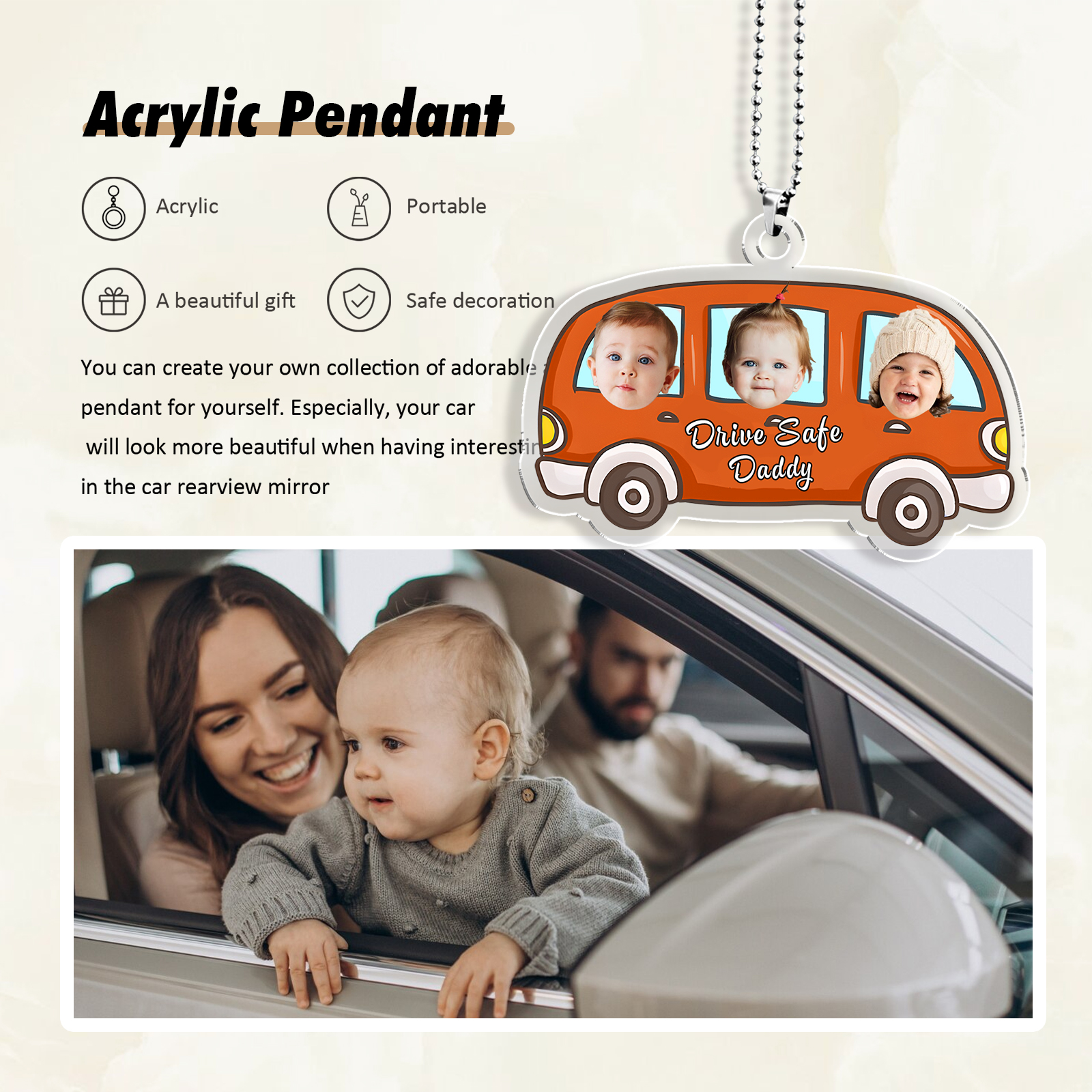 Personalised Orange Car Acrylic Hanging Ornament Custom 3 Photos & 1 Text & 1 Name Keychain Pedant Gift for Family-Jessemade AU