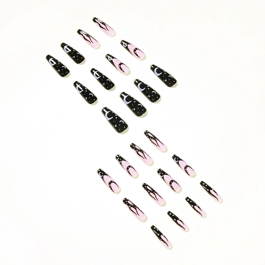 Fake Nails Black And White Star And Moon Long Full Cover Fake Nails DIY Glue Press On Nails Nail Supplies For Professionals-Nail Inspo