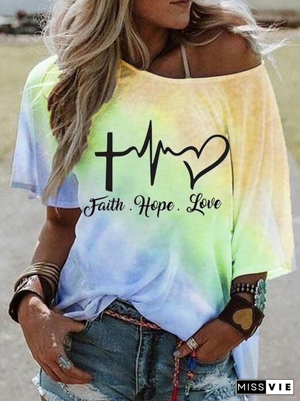 Hot-selling Stylish Tie-dye Gradient Print Short-sleeved Stiletto Off-the-shoulder Top T-shirt