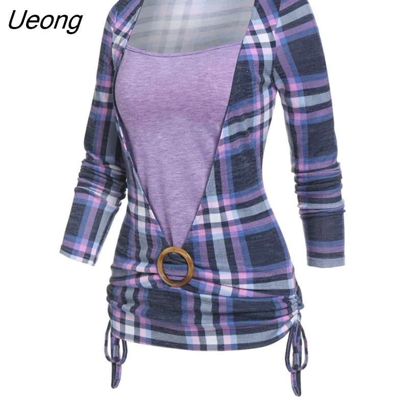 Ueong Print Cinched O-ring Faux Twinset T-shirt Women Long Sleeve Combo Tee Casual Top