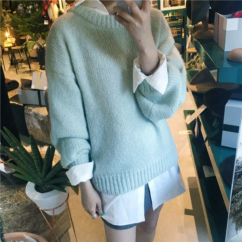 Aachoae Sweater Women 2021 Autumn Winter Solid O Neck Pullover Sweaters Korean Style Knitted Long Sleeve Jumpers Casual Tops