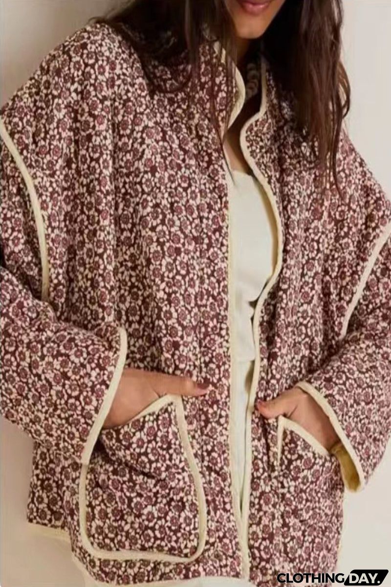 Casual College Floral Pocket Contrast Outerwear