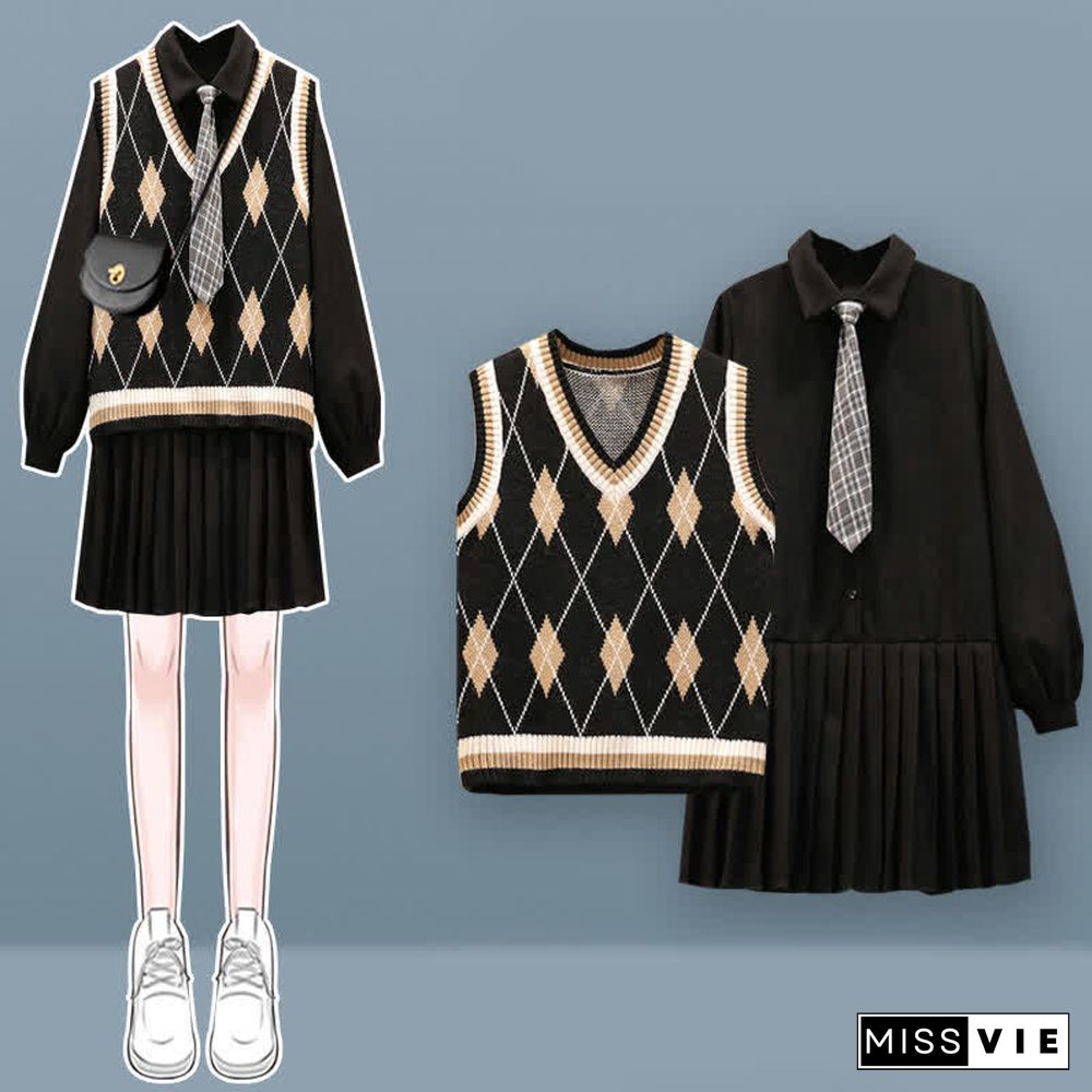 Lapel Tie Pleated Shirt Dress Rhombus Print Vest Two Pieces Set