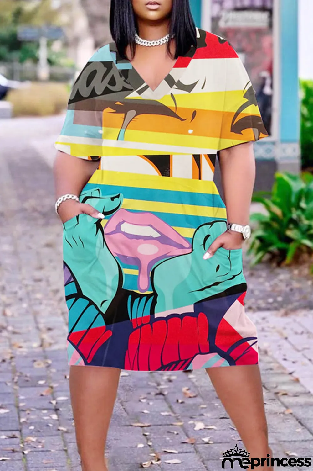 Light Khaki Casual Print Patchwork Basic V Neck Short Sleeve Dress Plus Size Dresses