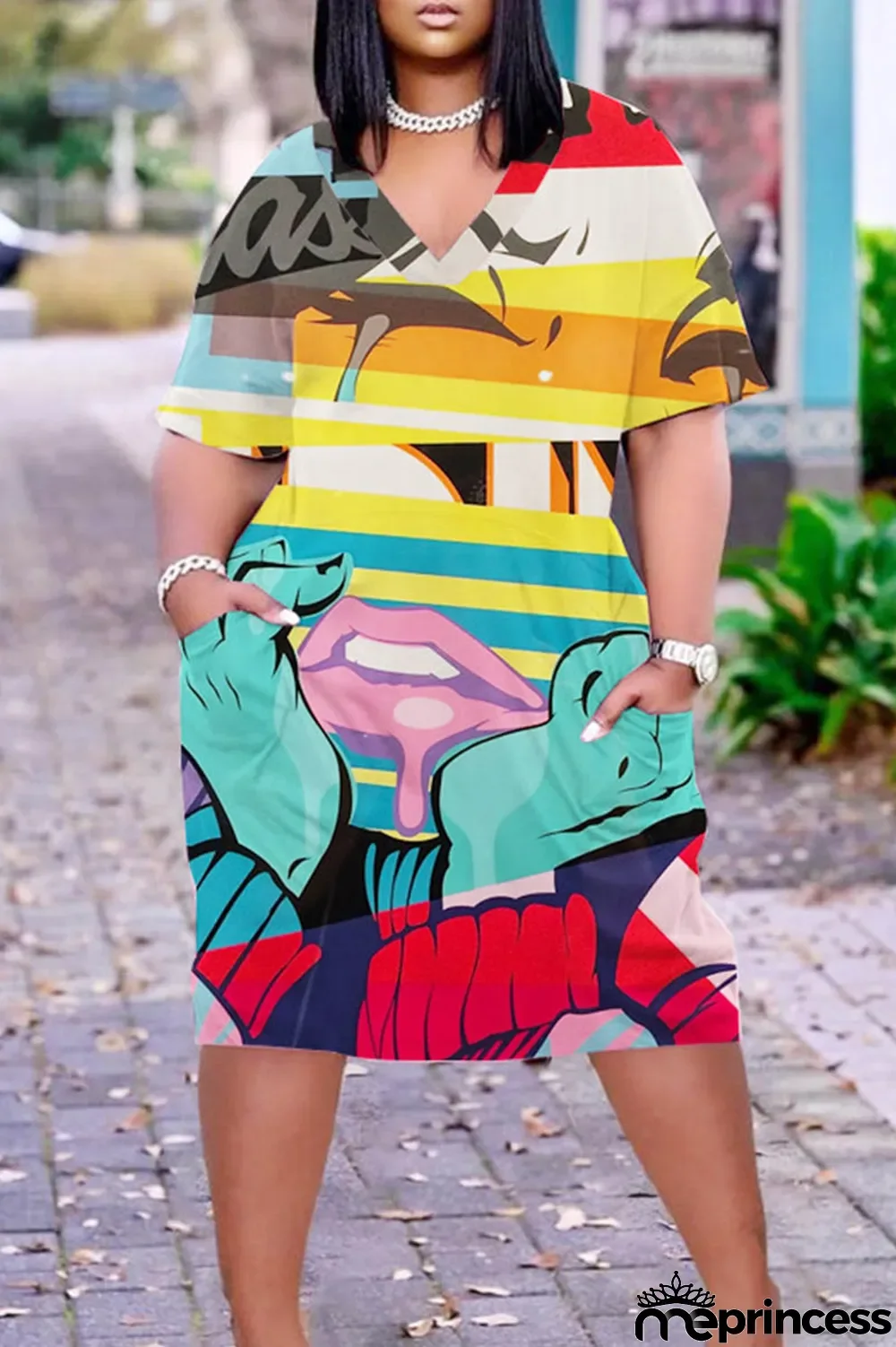 Light Khaki Casual Print Patchwork Basic V Neck Short Sleeve Dress Plus Size Dresses