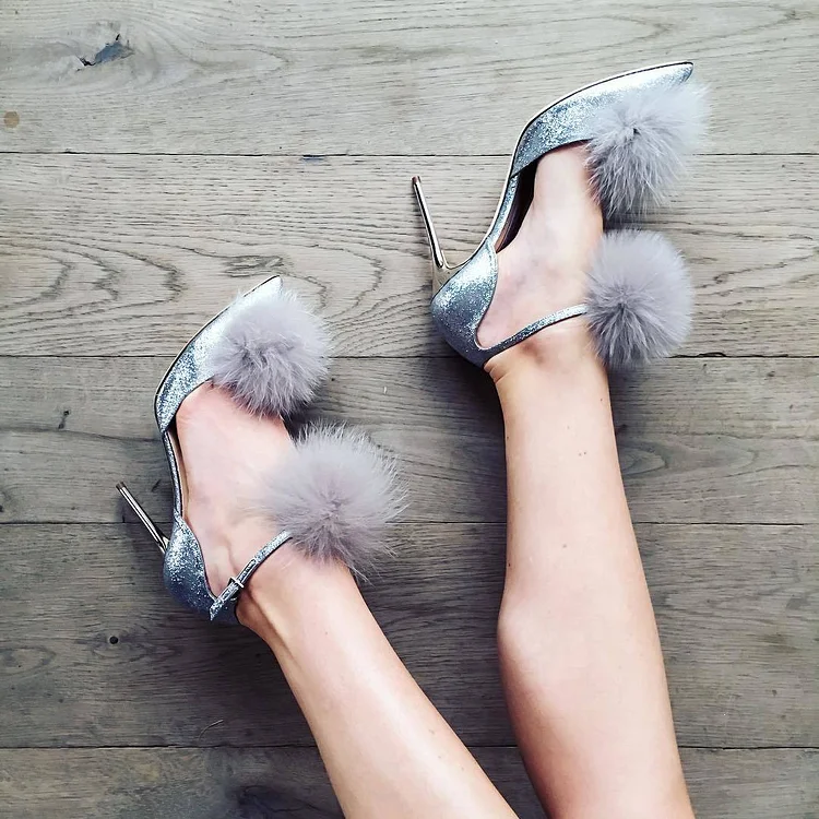Silver Fur Heels Stiletto Heels Pointy Toe Ankle Strap Pumps |FSJ Shoes