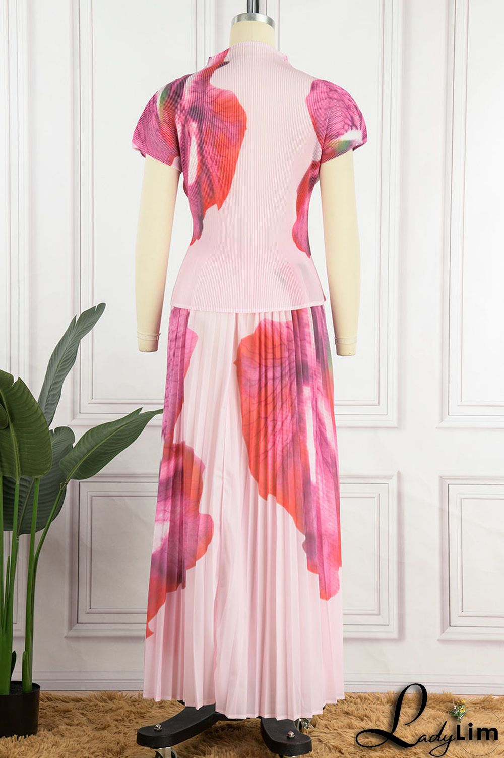 Apricot Casual Elegant Gradual Change Print Patchwork Fold O Neck Short Sleeve Two Pieces