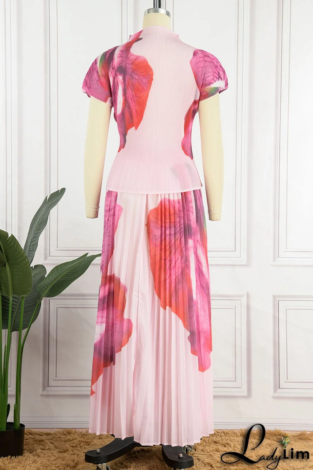 Apricot Casual Elegant Gradual Change Print Patchwork Fold O Neck Short Sleeve Two Pieces